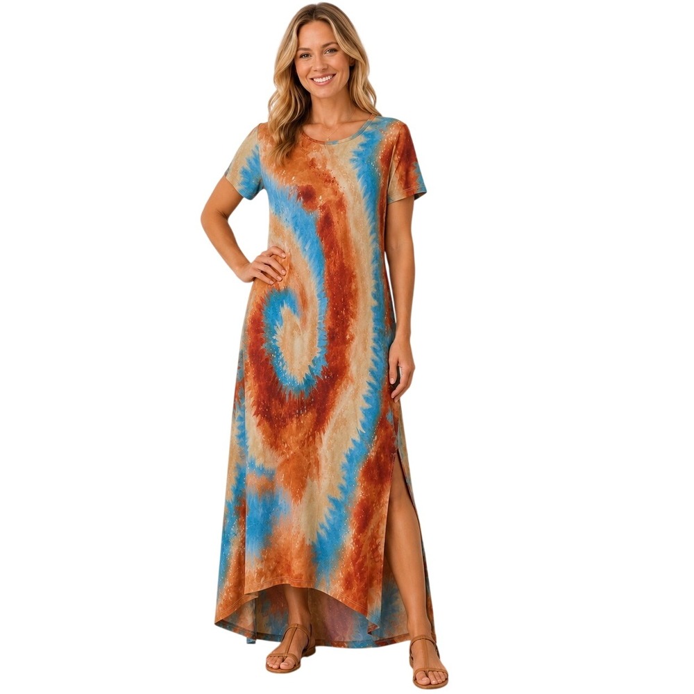 NEW Southwest Tie Dye High Low M/L Maxi Dress Blue Orange Short Sleeve Boho